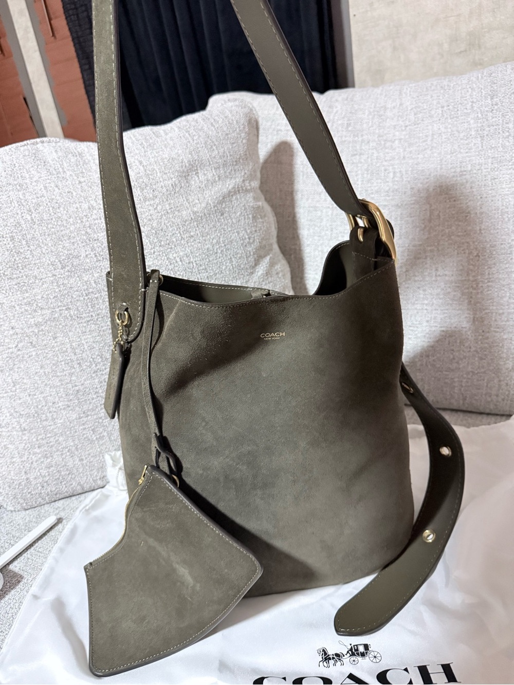 Coach Olive Suede Bucket Shoulder Bag with Detachable Pouch